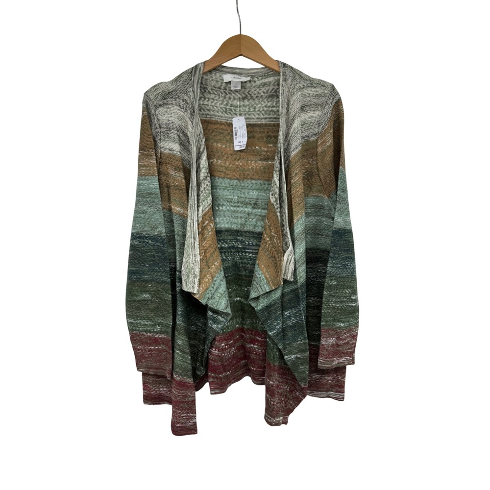Cj Banks Women Plus 14W Open Front Cardigan Space Dye Striped Knit Sweater Green